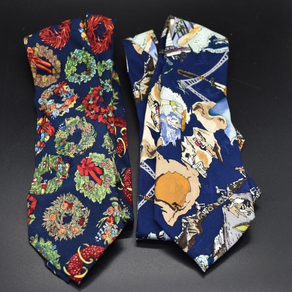 VINTAGE Lot of 2 Nicole Miller Silk Ties Korea Made 90s VTG Christmas VTG